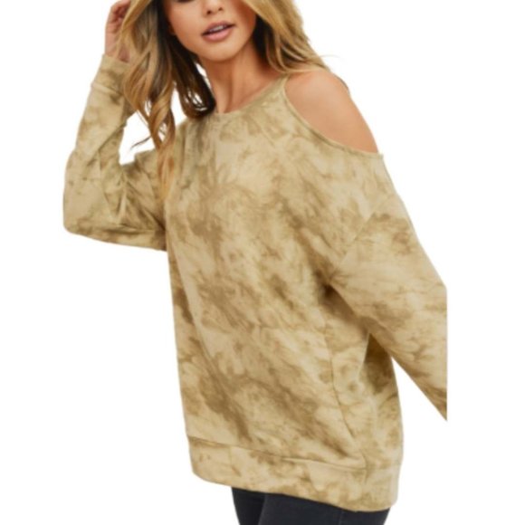 NWT - Tan Tie Dye Print Cold Shoulder Top - Picture 4 of 4